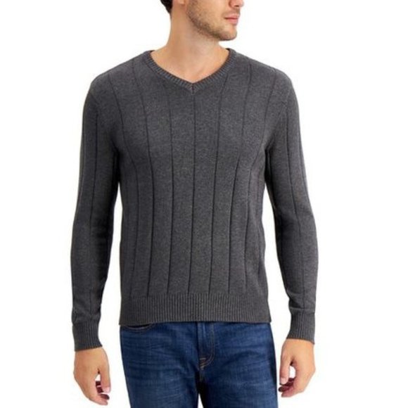 NWT Mens Size Large Club Room Grey Textured V-Neck Pure Cotton Sweater NEW - Picture 1 of 3